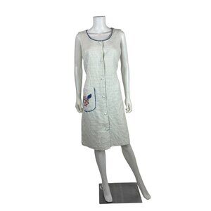 Vintage 60s Housecoat Dress Womens L White Textured Applique Hip Pocket Lounge